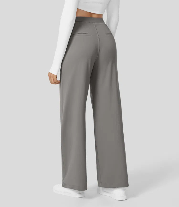 High Waisted Plicated Side Pocket Straight Leg Work Pants