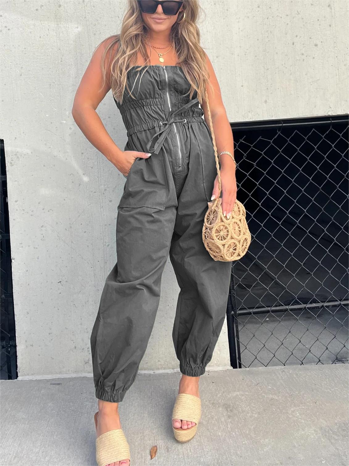 Ruched Elastic Front Zipper Jumpsuit
