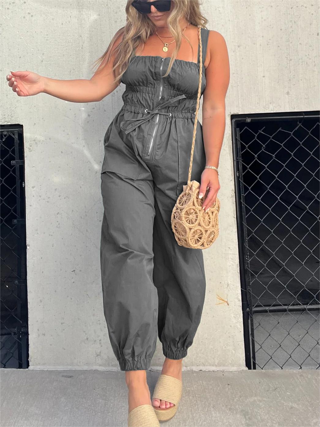 Ruched Elastic Front Zipper Jumpsuit
