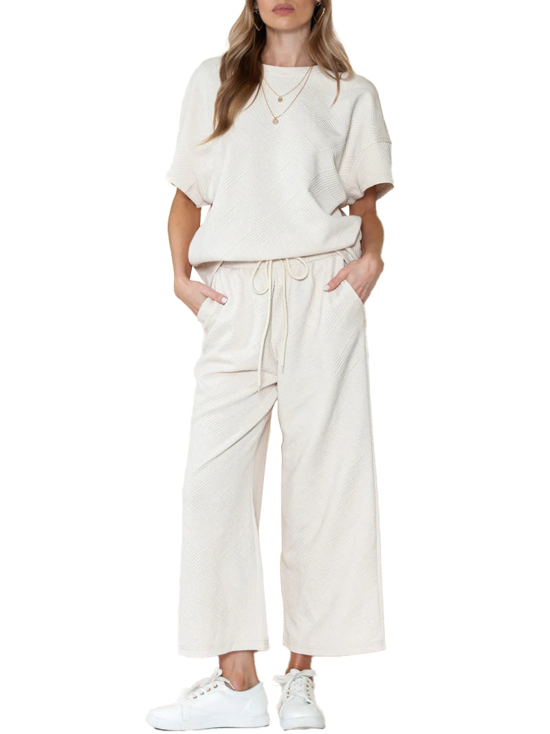 Textured Loose Fit T Shirt and Drawstring Pants Casual Set