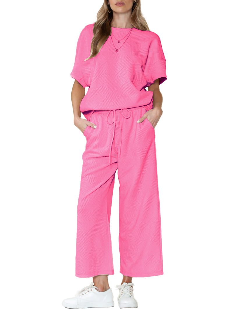 Textured Loose Fit T Shirt and Drawstring Pants Casual Set