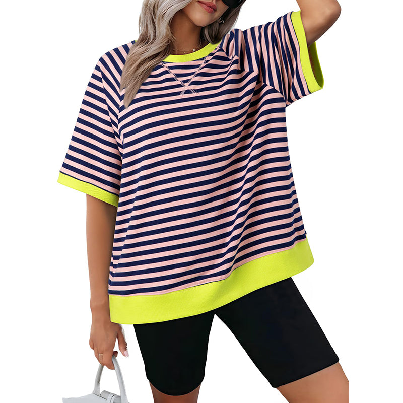 Women's Oversized T-Shirt Striped Color Block Summer Tops