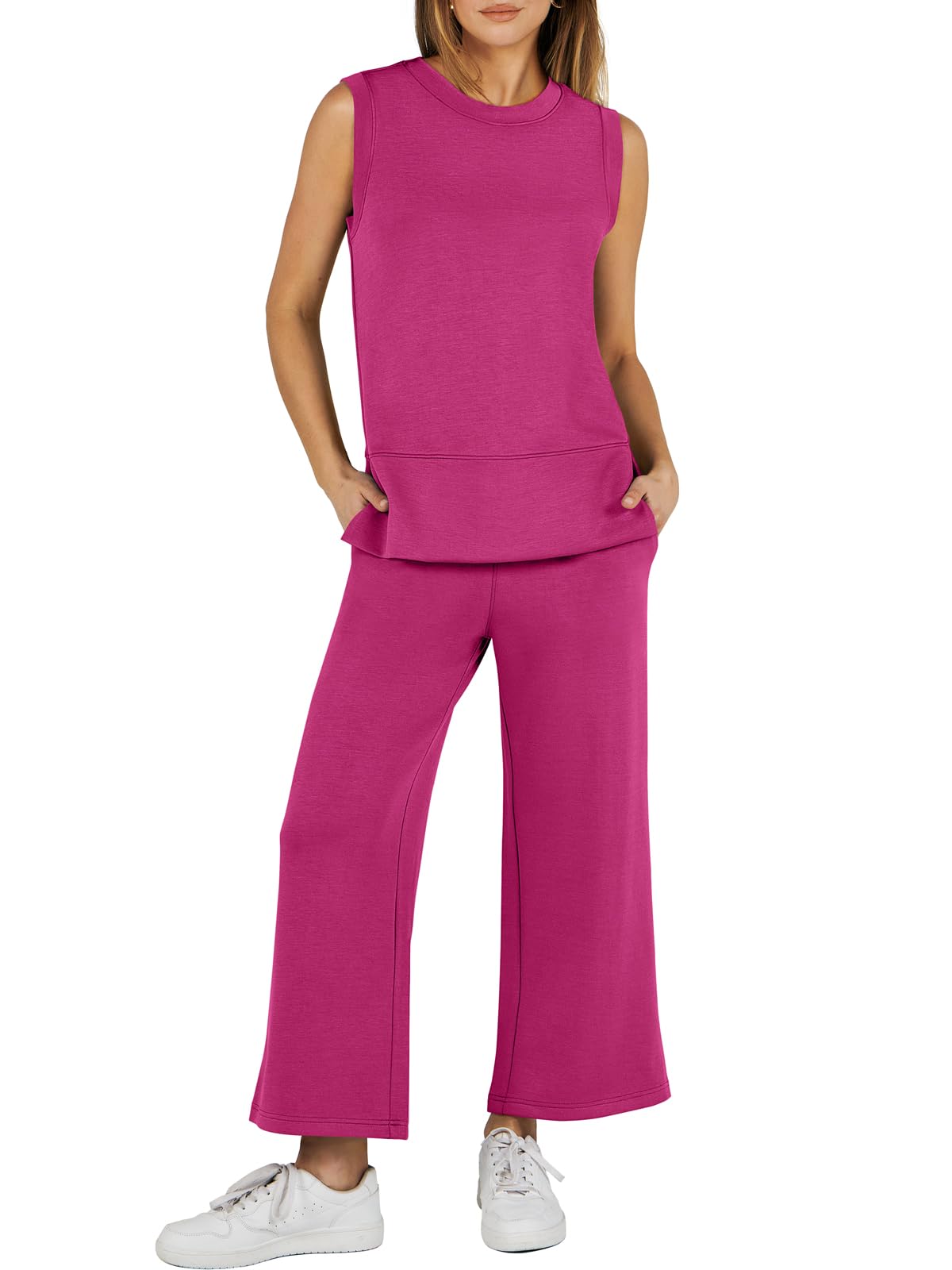 Sleeveless Slit Down Hem Wide Leg Casual Two Piece Set