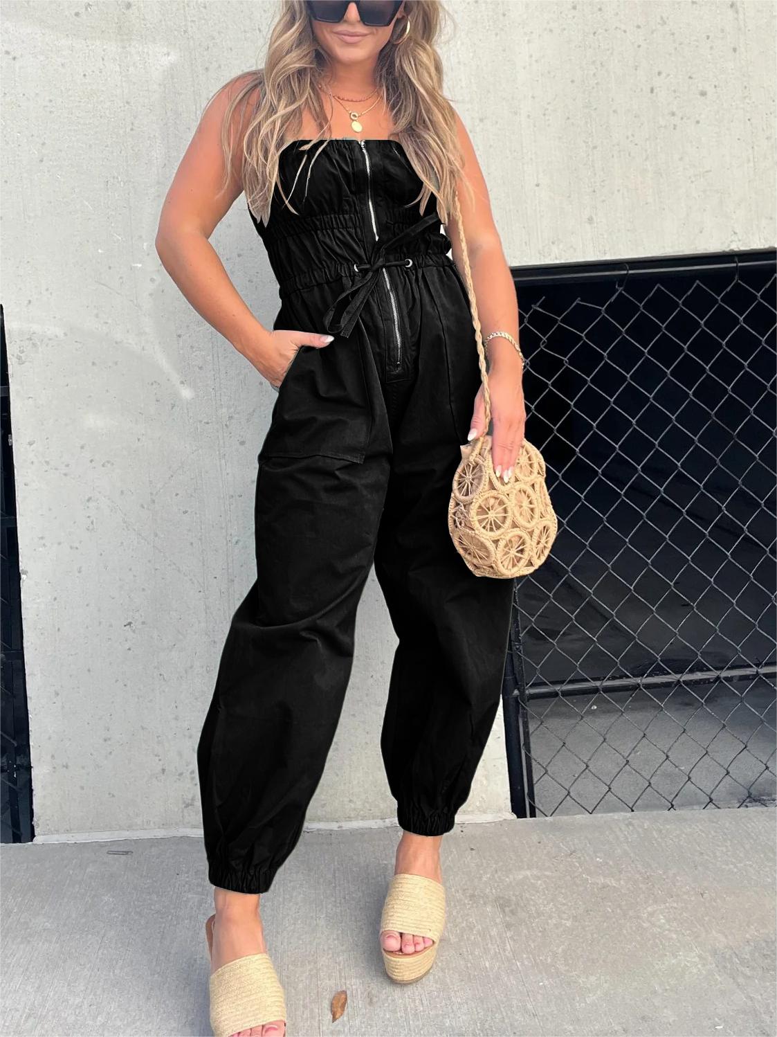 Ruched Elastic Front Zipper Jumpsuit