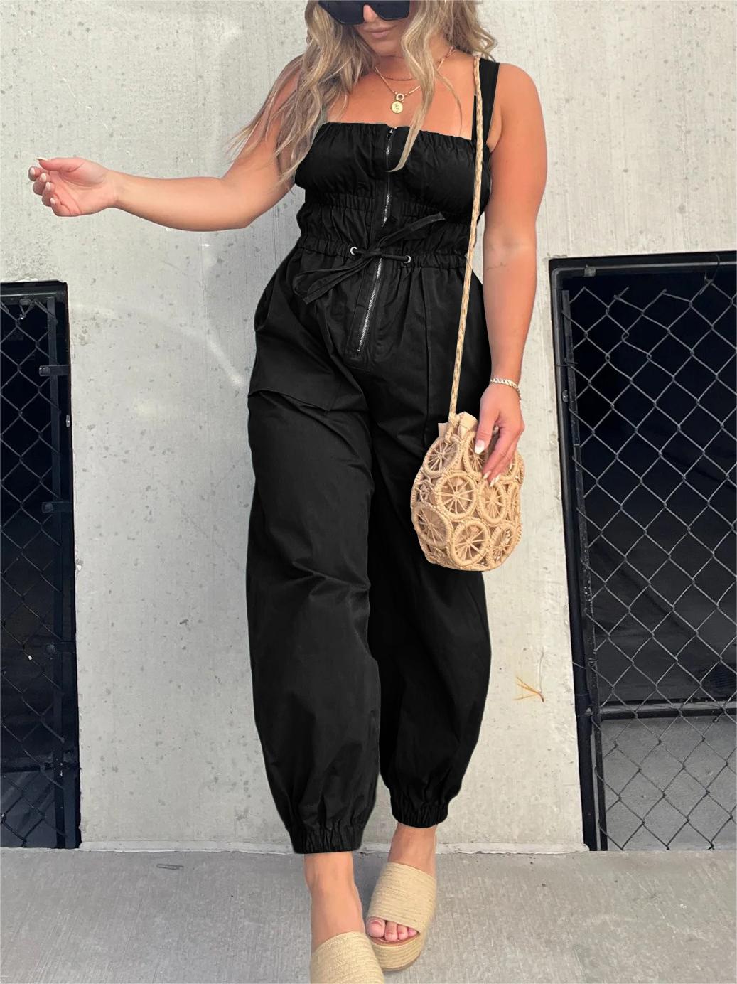 Ruched Elastic Front Zipper Jumpsuit