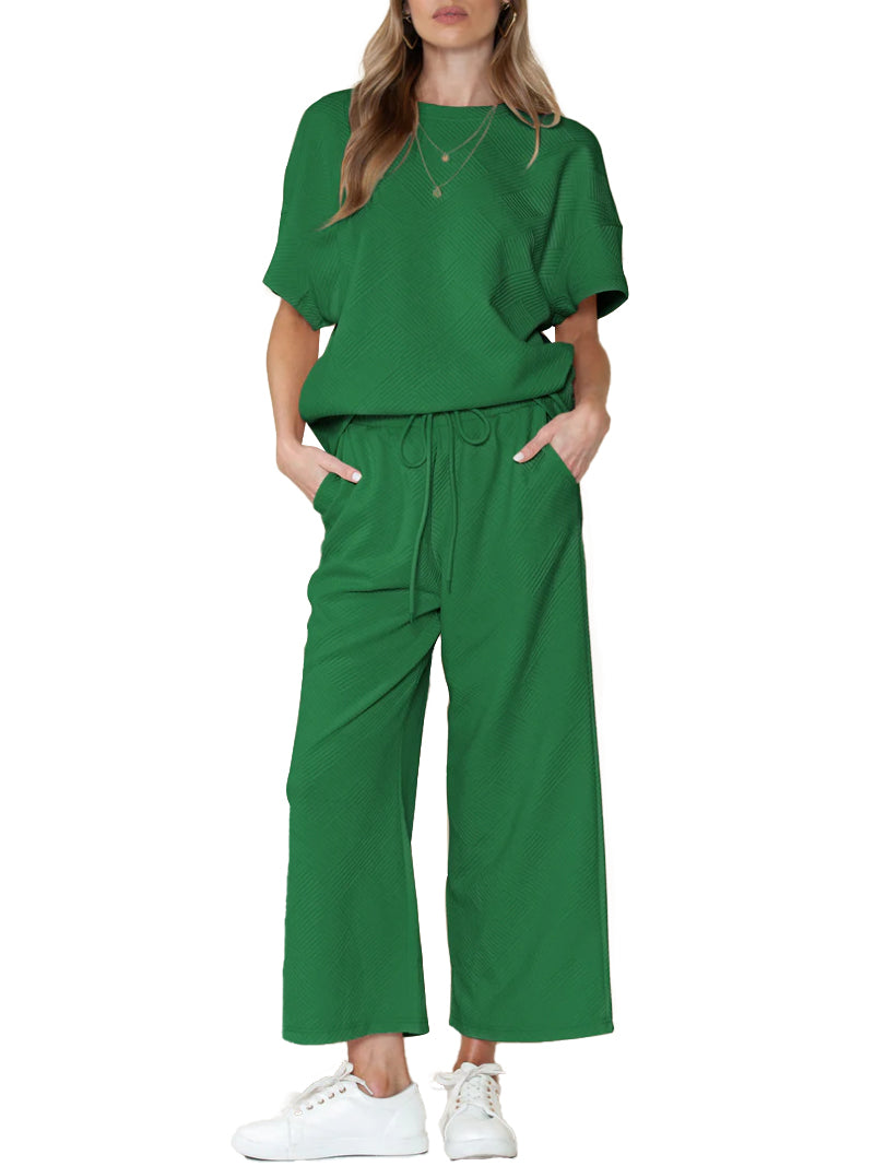 Textured Loose Fit T Shirt and Drawstring Pants Casual Set