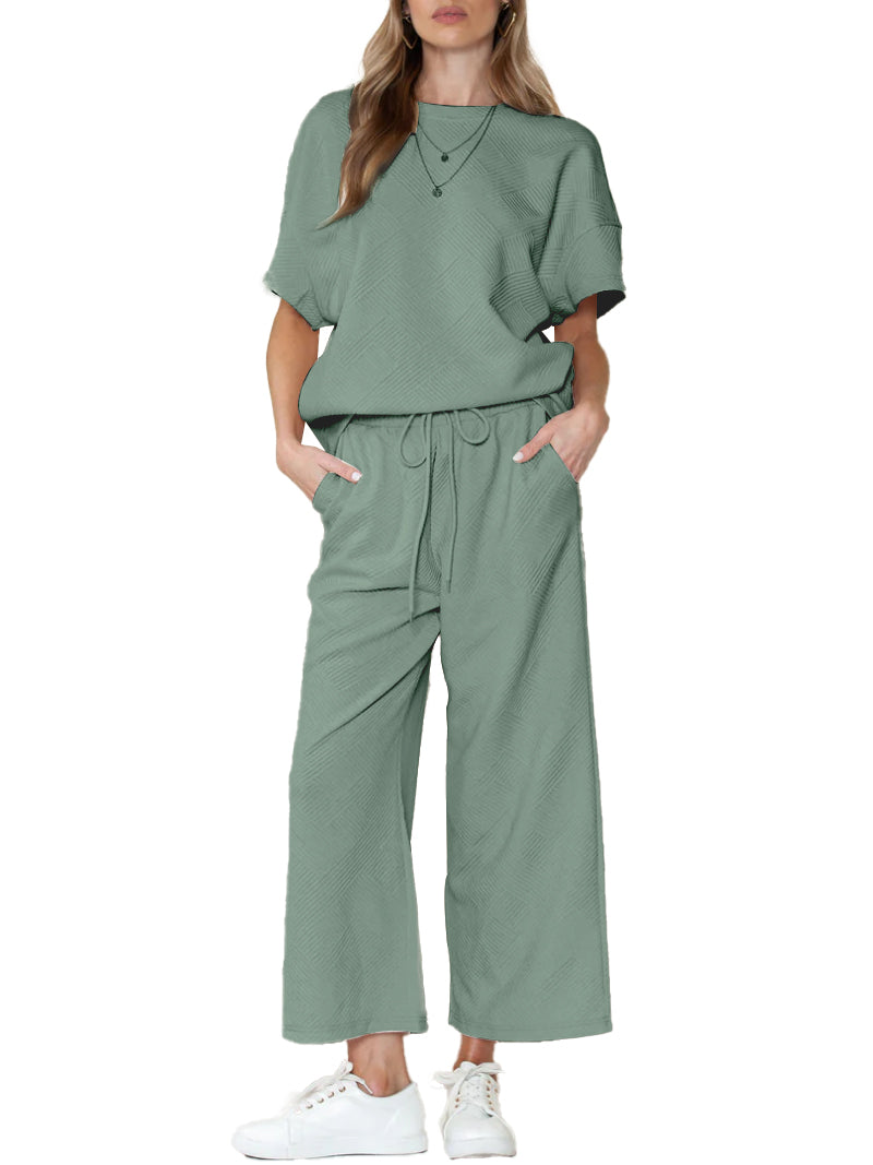 Textured Loose Fit T Shirt and Drawstring Pants Casual Set