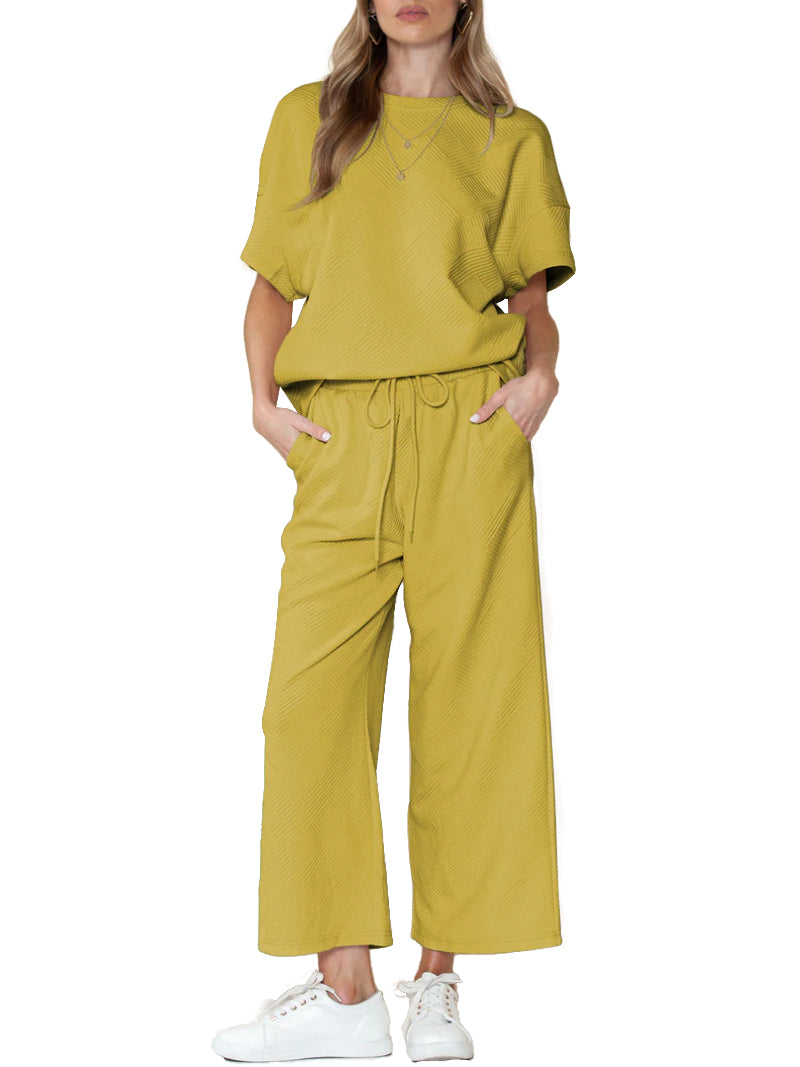 Textured Loose Fit T Shirt and Drawstring Pants Casual Set