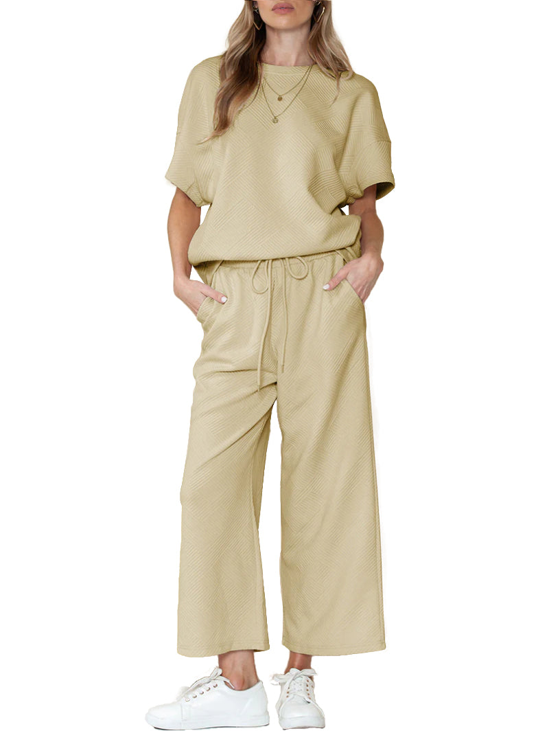 Textured Loose Fit T Shirt and Drawstring Pants Casual Set