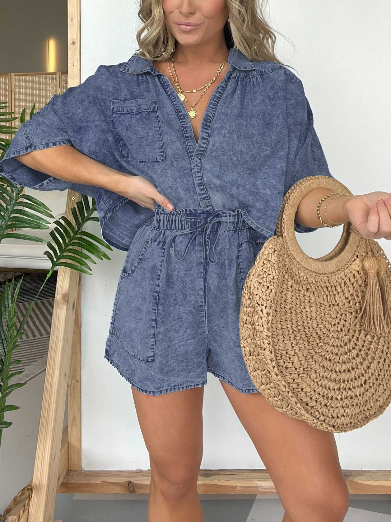 Women's Casual Washed Denim Tencel Set