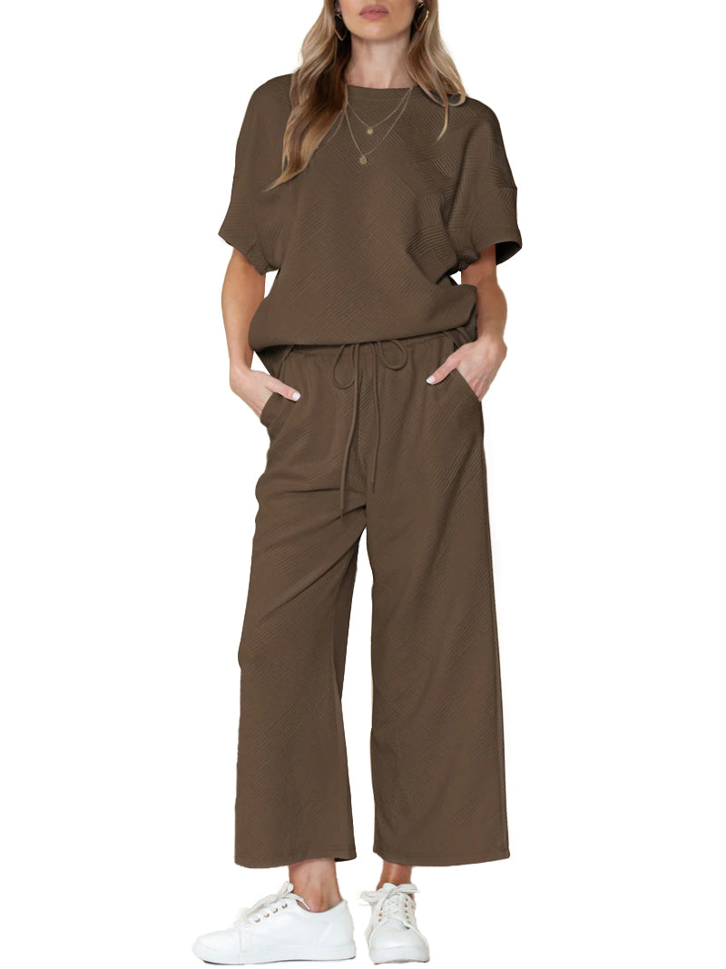 Textured Loose Fit T Shirt and Drawstring Pants Casual Set