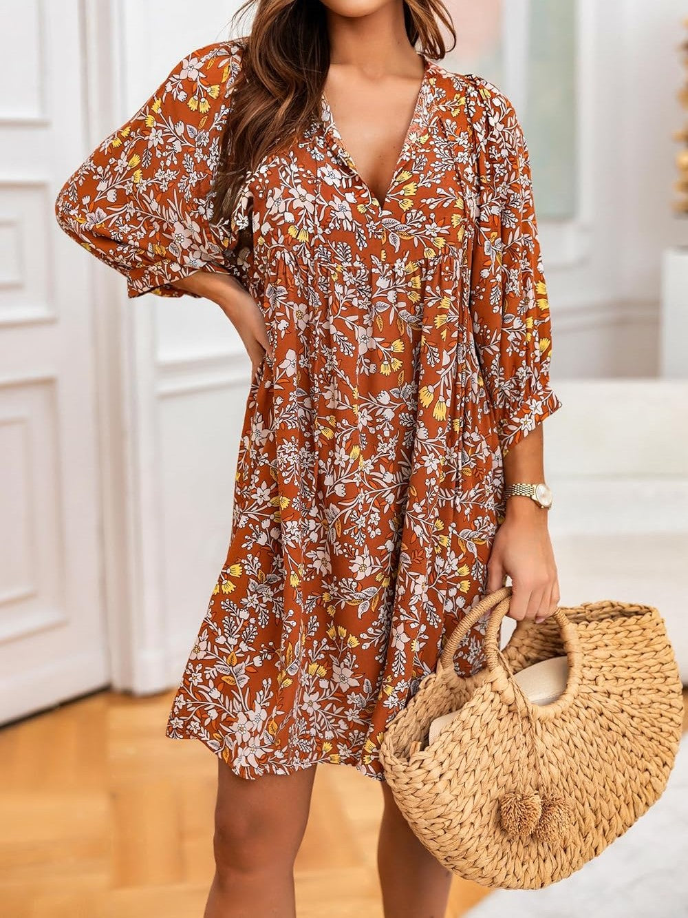 V Neck Summer Half Sleeve Floral Tunic Short Dress