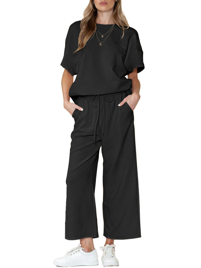 Textured Loose Fit T Shirt and Drawstring Pants Casual Set