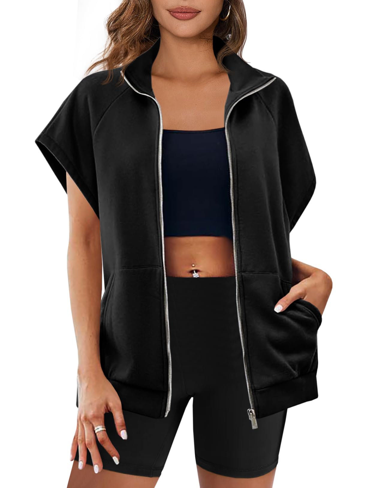 Zip Up Sleeveless Oversized Sweatshirt