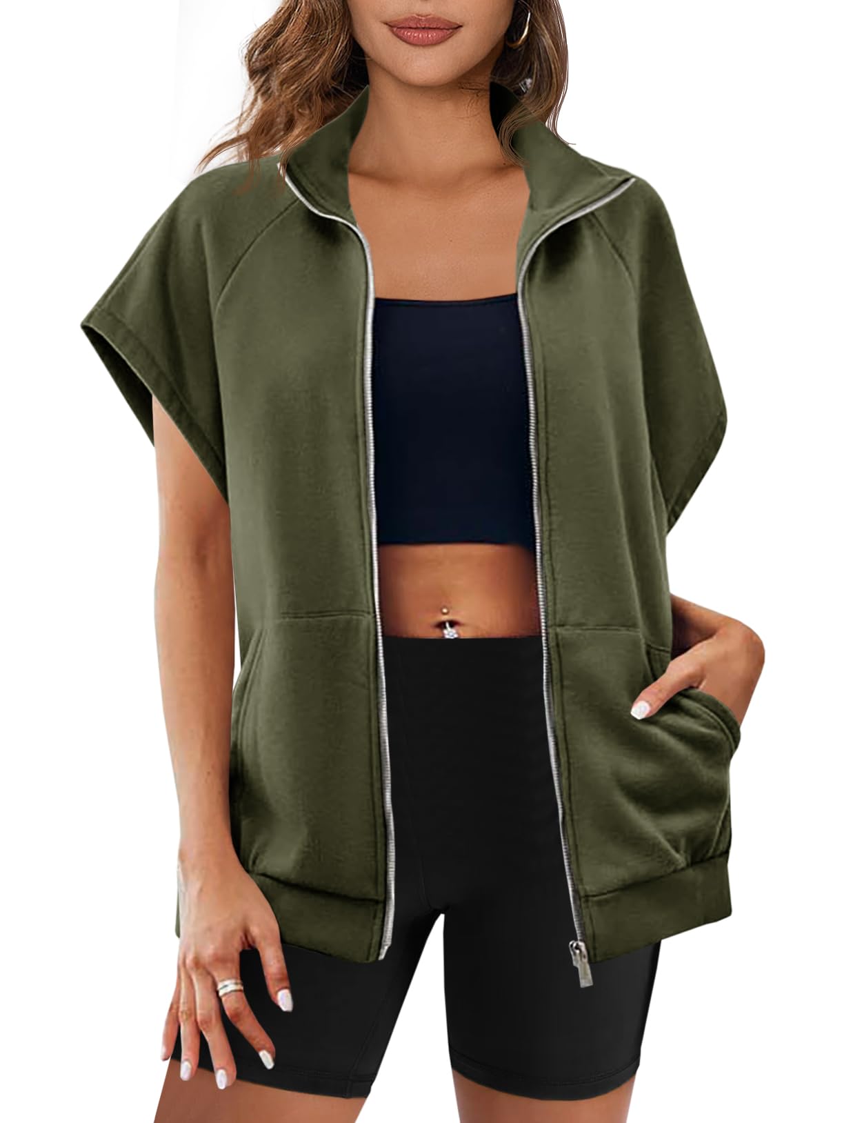 Zip Up Sleeveless Oversized Sweatshirt