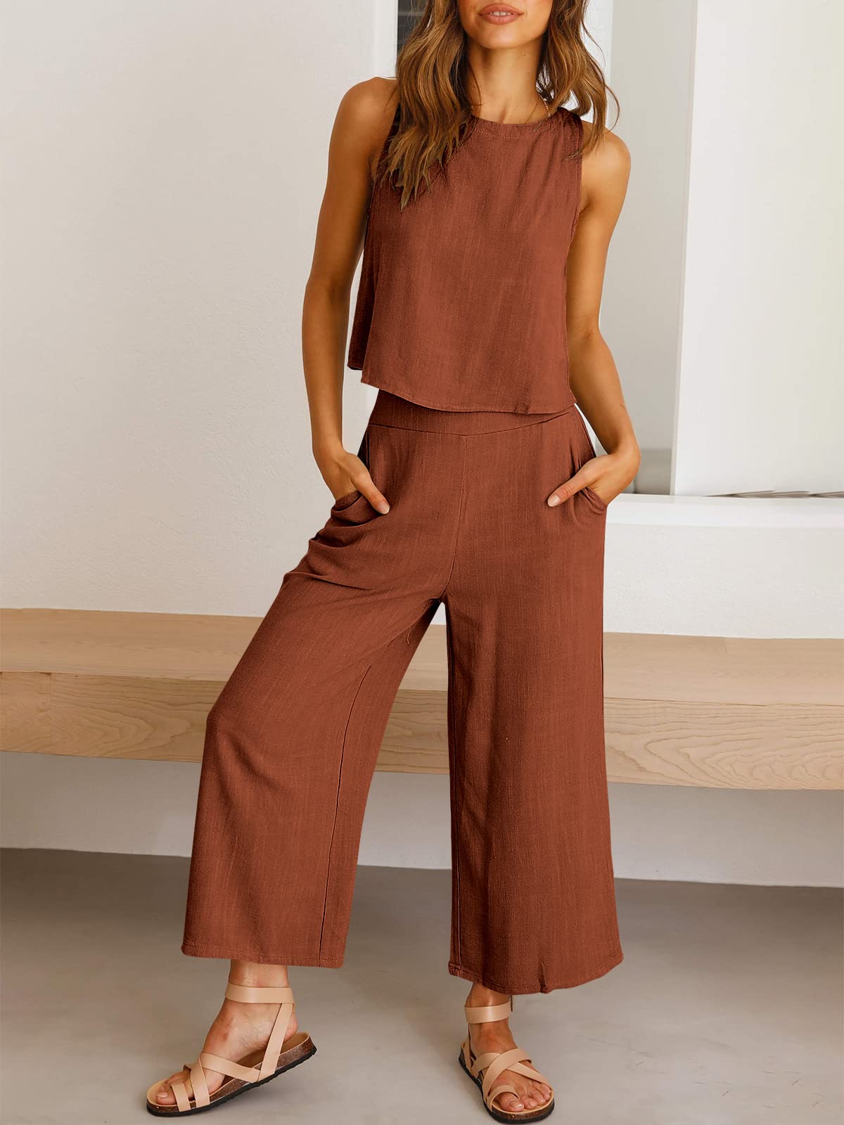 Summer 2 Piece Outfits Sleeveless Jumpsuit Lounge Beach Travel Sets