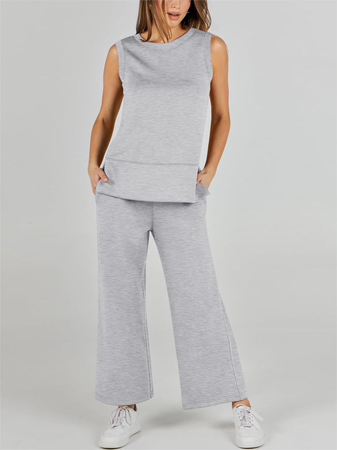 Sleeveless Slit Down Hem Wide Leg Casual Two Piece Set