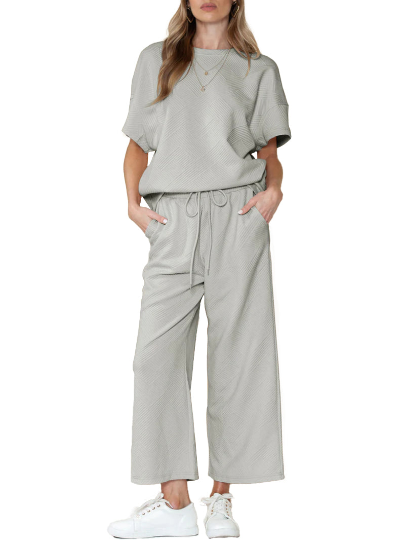 Textured Loose Fit T Shirt and Drawstring Pants Casual Set