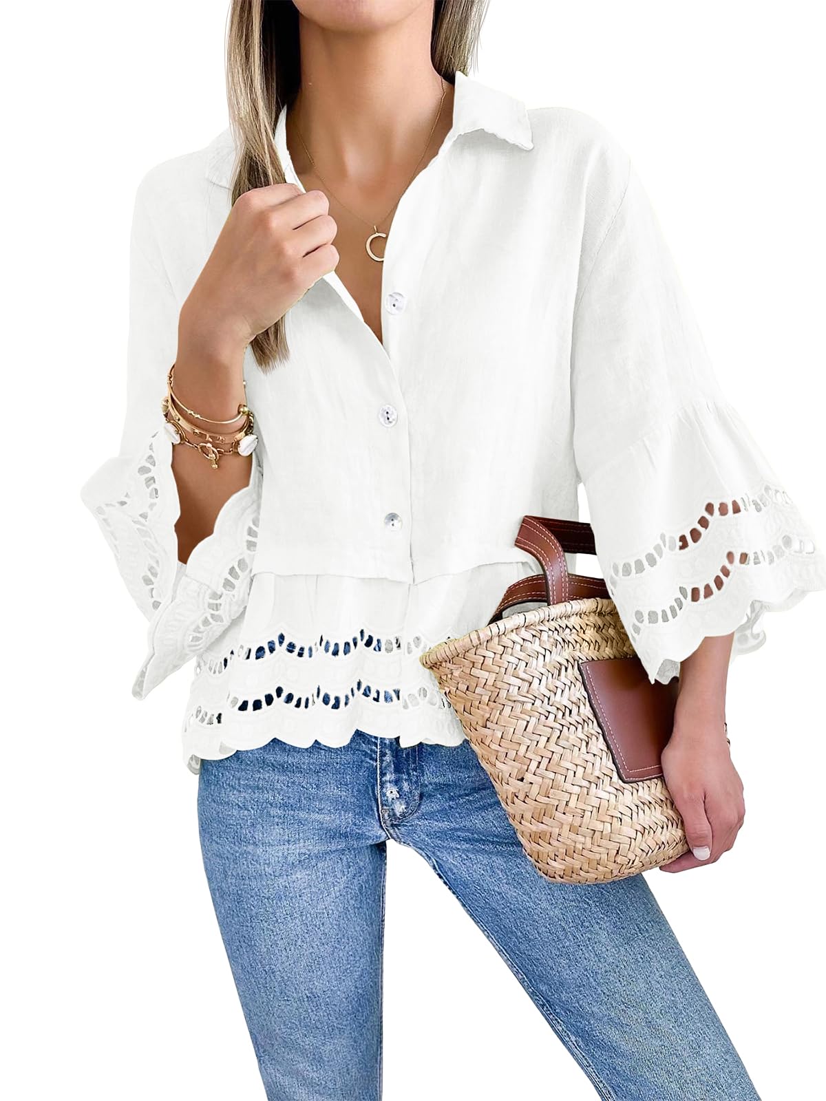 Women‘s Chic Ruffle Hem Blouse with Hollow Out Design