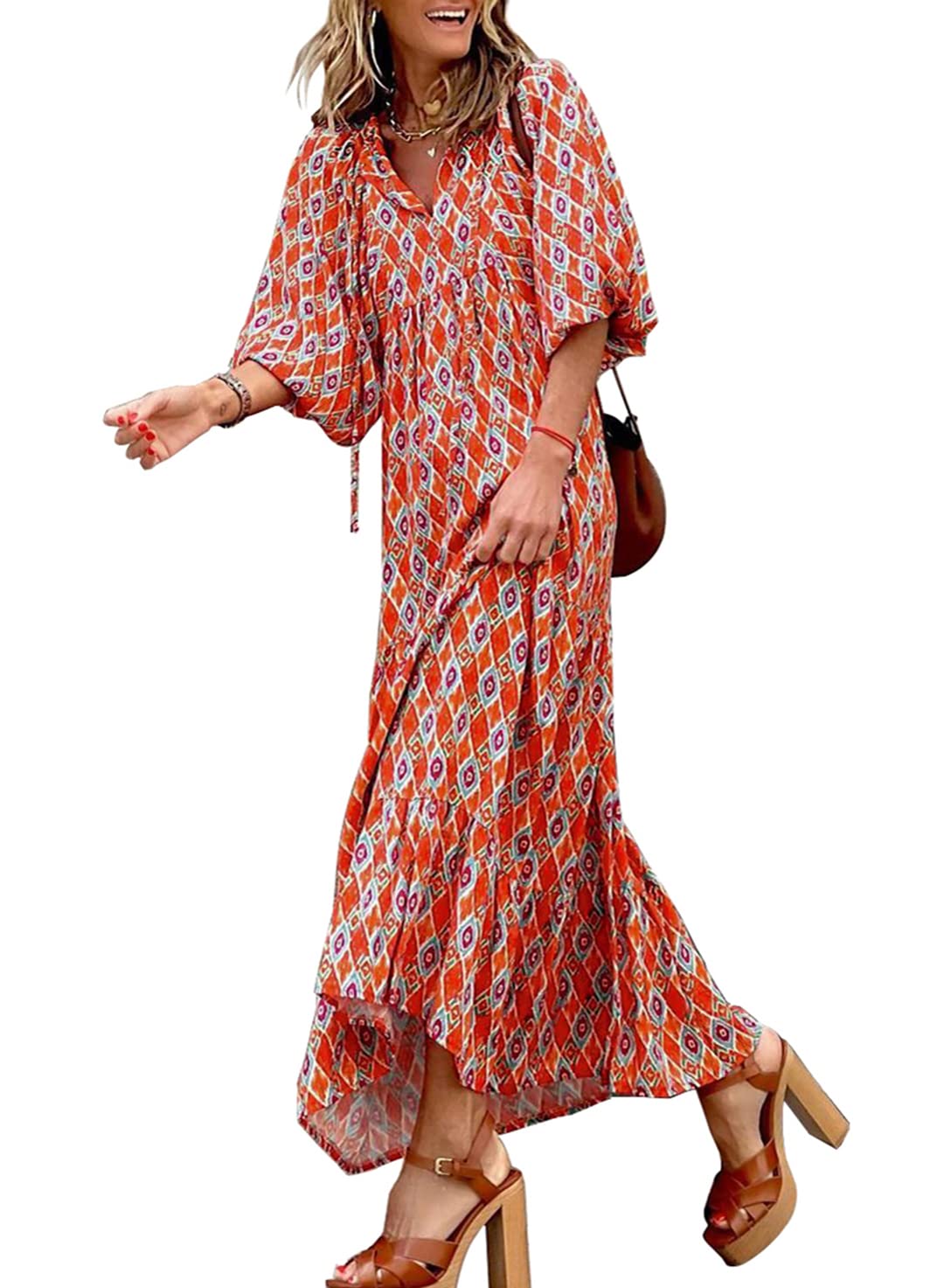 Women's Boho Puff Sleeve Maxi Dress