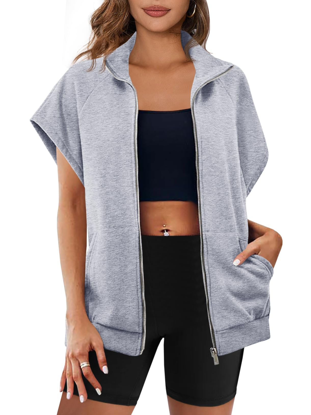 Zip Up Sleeveless Oversized Sweatshirt