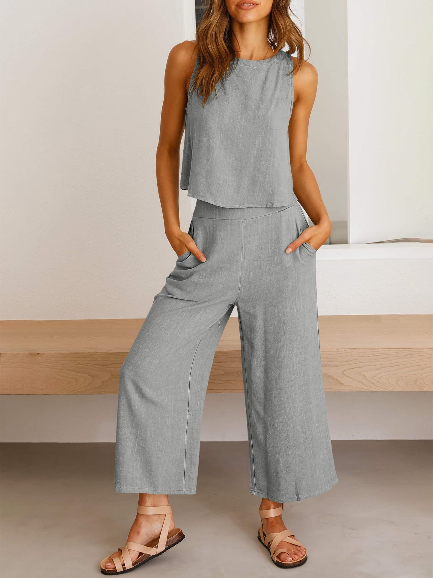 Summer 2 Piece Outfits Sleeveless Jumpsuit Lounge Beach Travel Sets