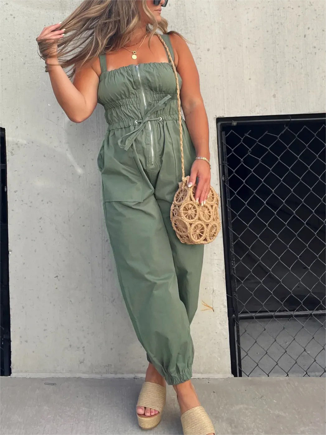 Ruched Elastic Front Zipper Jumpsuit
