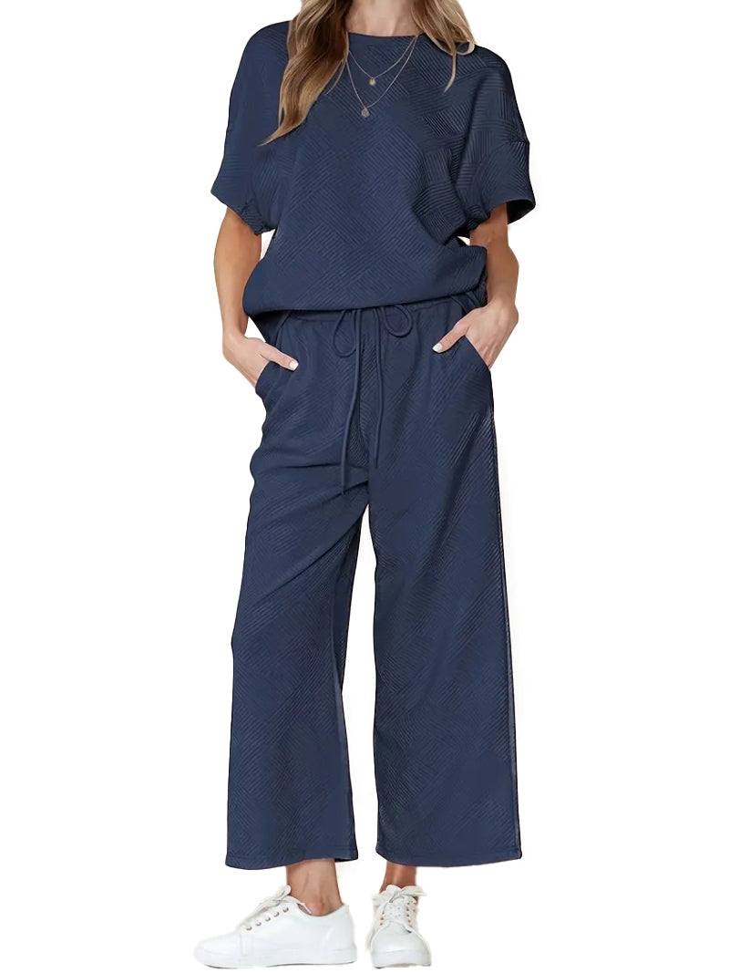Textured Loose Fit T Shirt and Drawstring Pants Casual Set