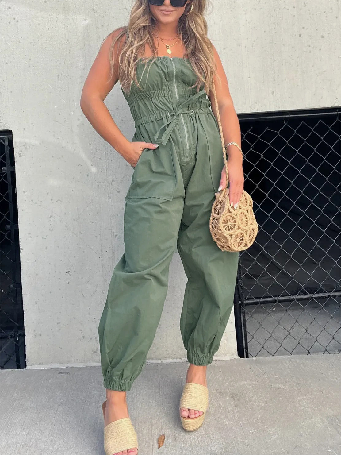 Ruched Elastic Front Zipper Jumpsuit