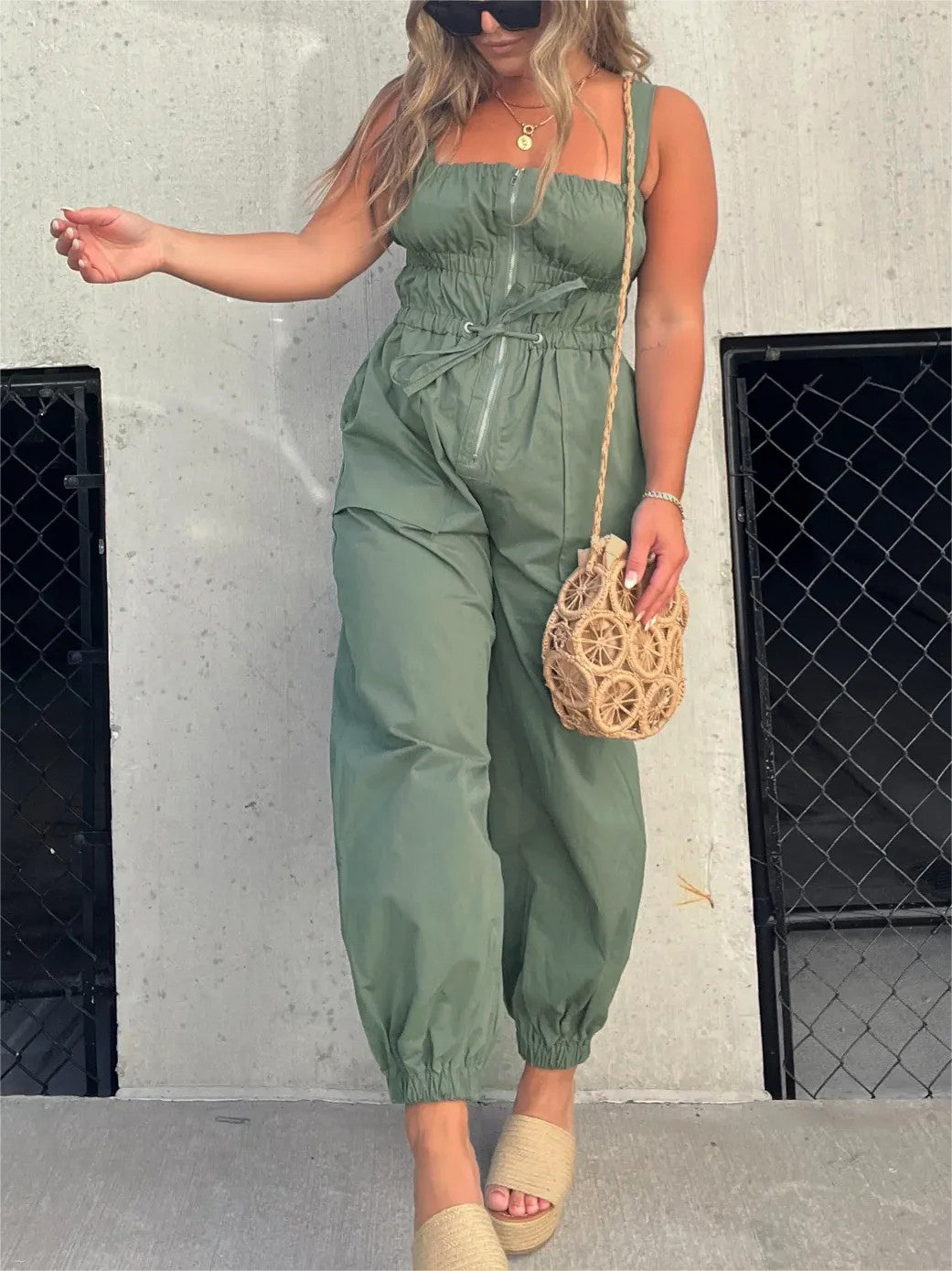 Ruched Elastic Front Zipper Jumpsuit