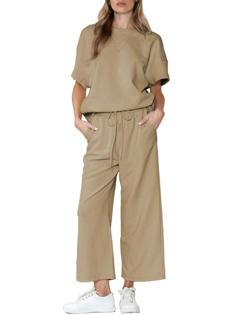 Textured Loose Fit T Shirt and Drawstring Pants Casual Set