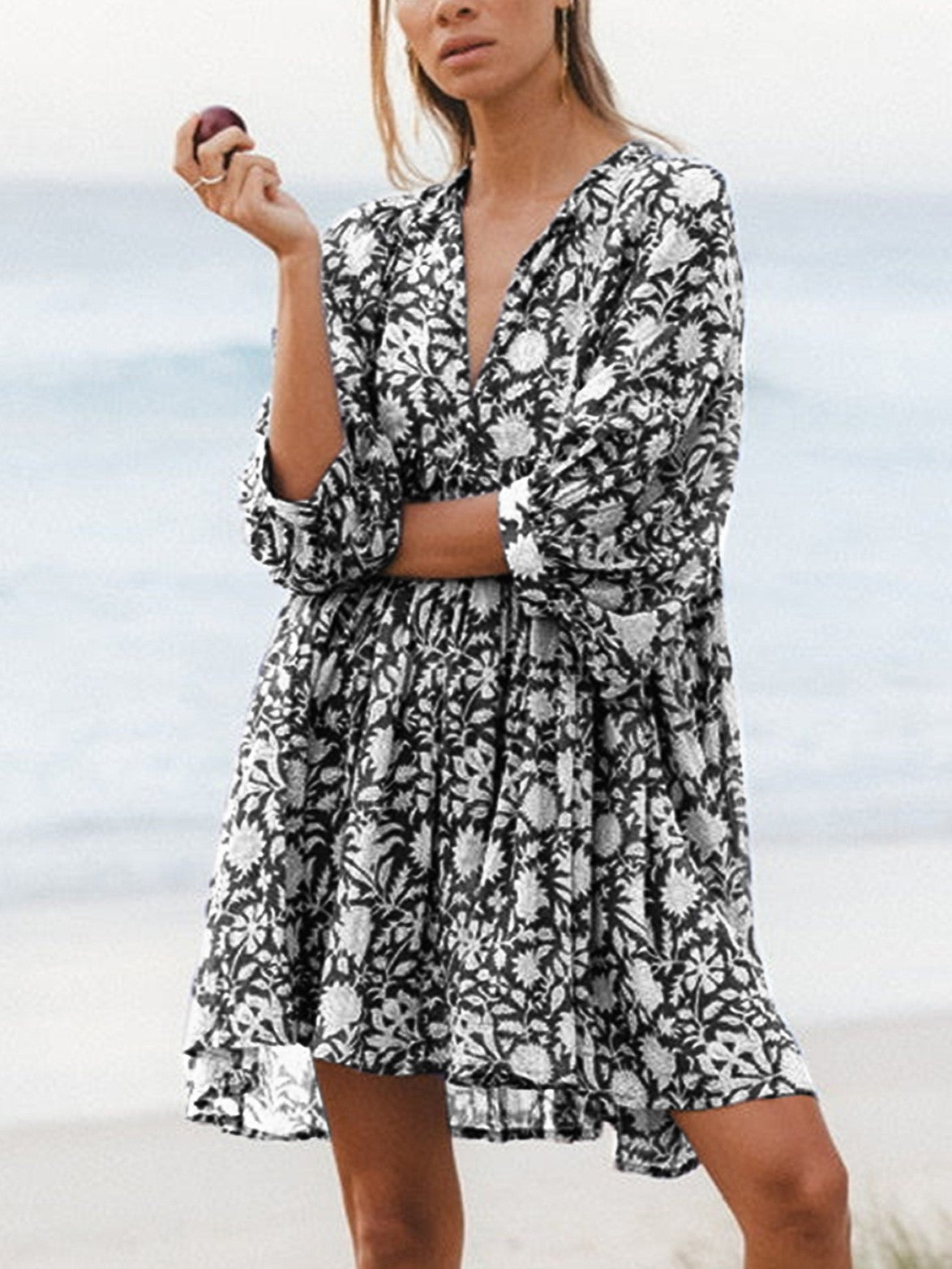 V Neck Summer Half Sleeve Floral Tunic Short Dress