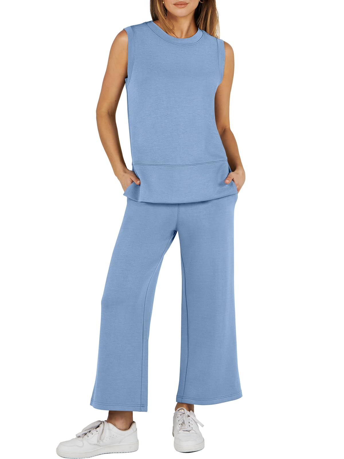 Sleeveless Slit Down Hem Wide Leg Casual Two Piece Set