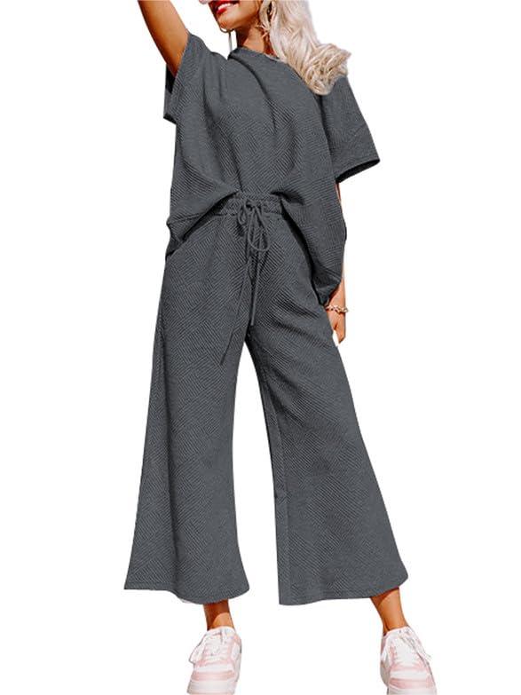 Textured Loose Fit T Shirt and Drawstring Pants Casual Set