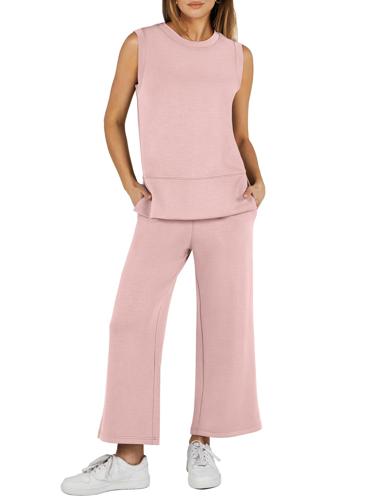Sleeveless Slit Down Hem Wide Leg Casual Two Piece Set