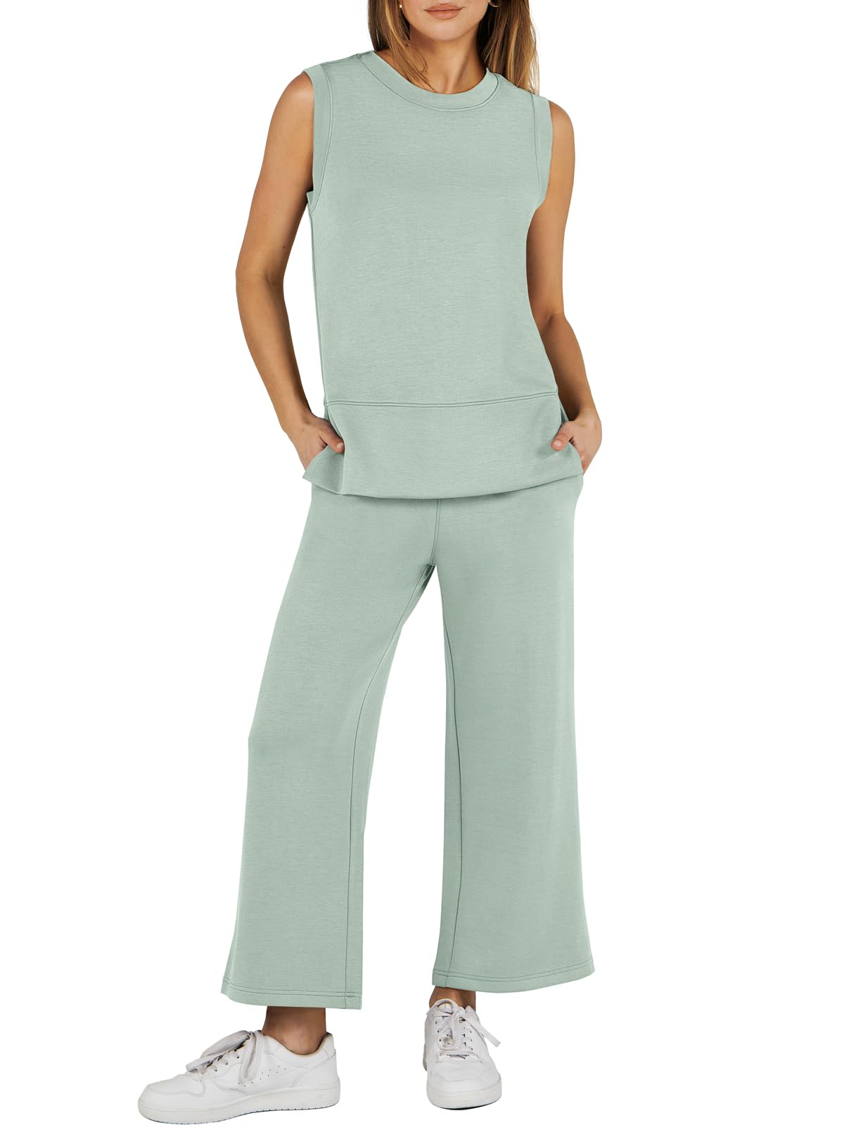 Sleeveless Slit Down Hem Wide Leg Casual Two Piece Set