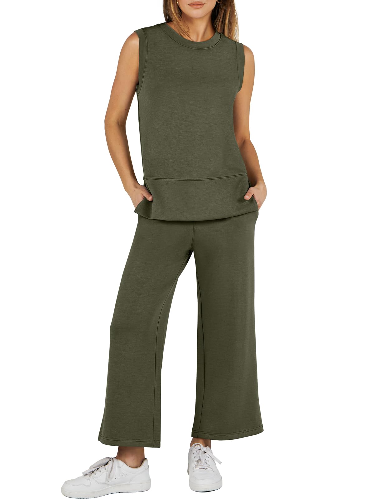 Sleeveless Slit Down Hem Wide Leg Casual Two Piece Set