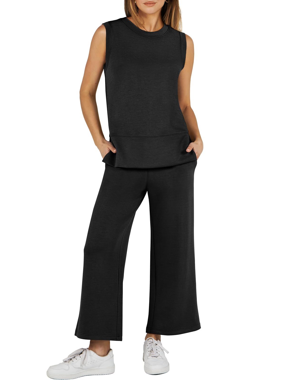 Sleeveless Slit Down Hem Wide Leg Casual Two Piece Set