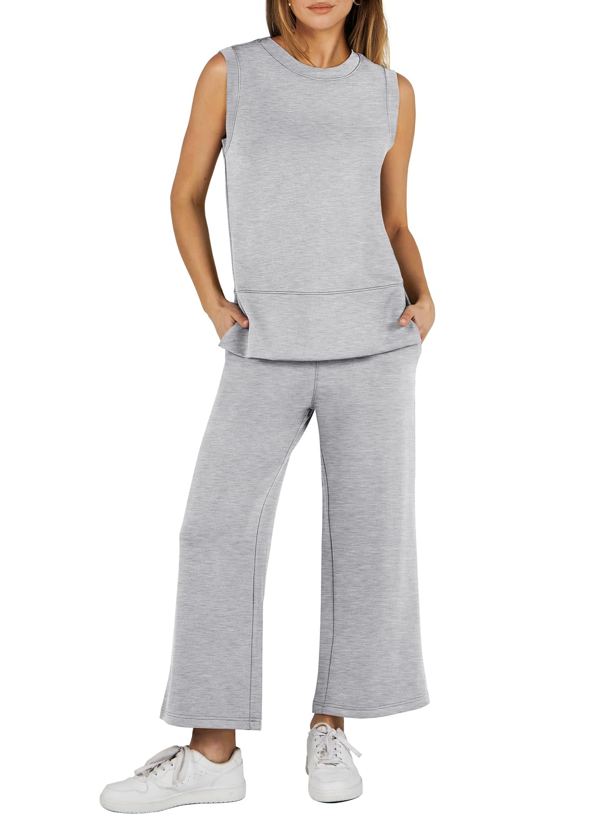 Sleeveless Slit Down Hem Wide Leg Casual Two Piece Set