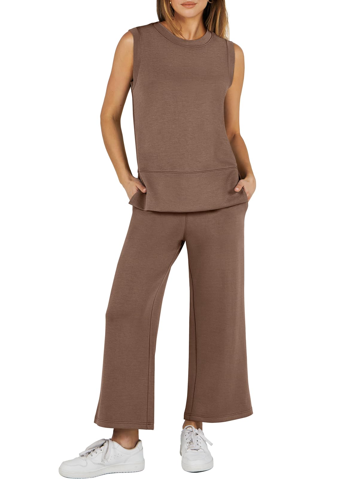 Sleeveless Slit Down Hem Wide Leg Casual Two Piece Set