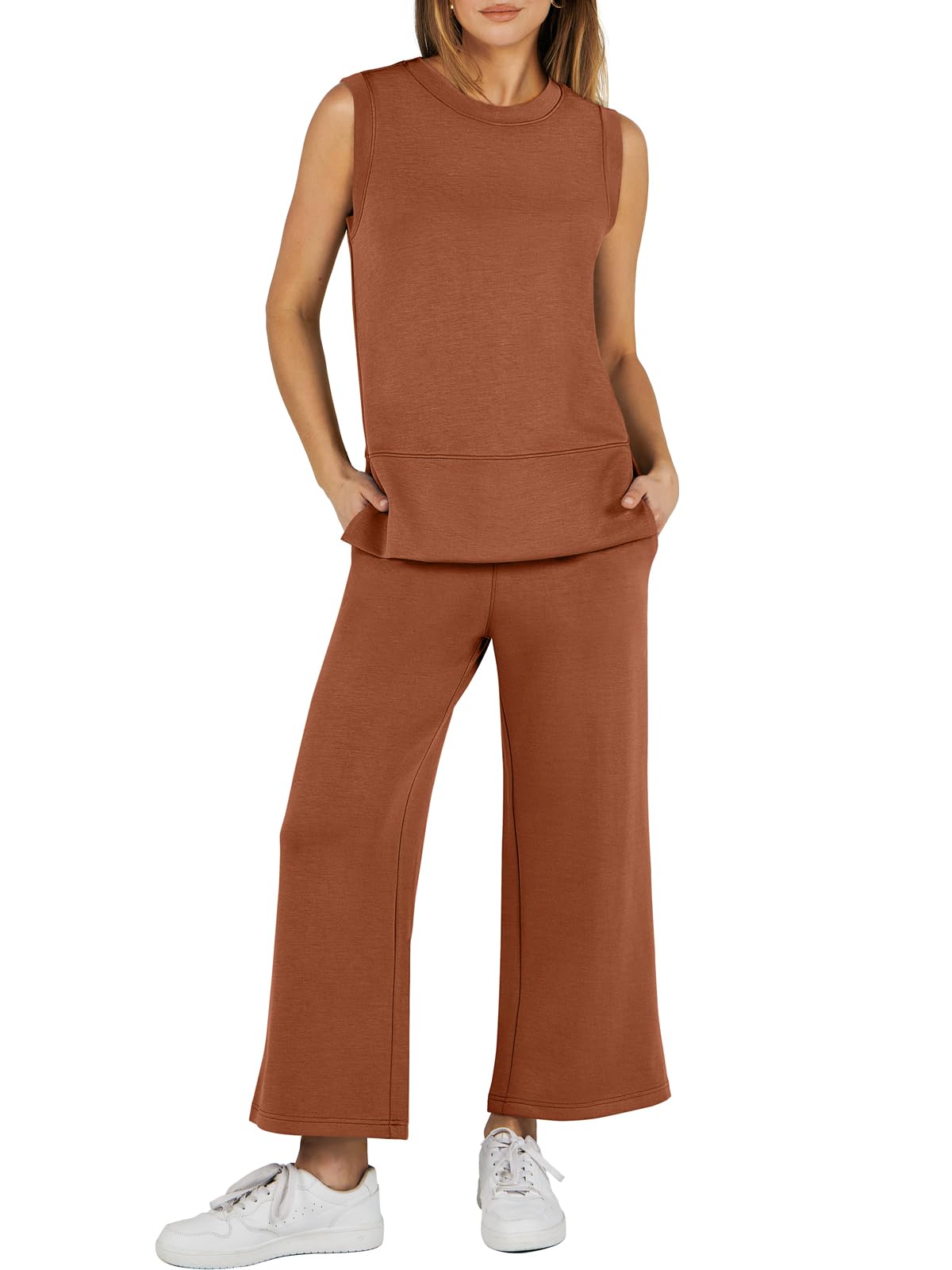 Sleeveless Slit Down Hem Wide Leg Casual Two Piece Set