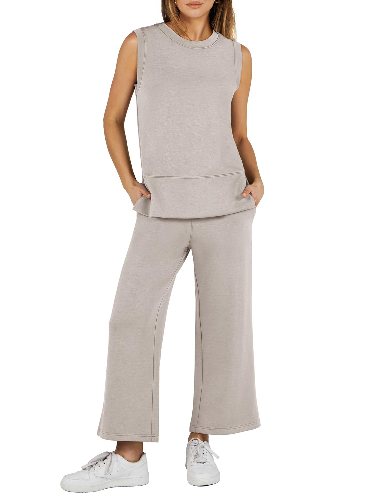 Sleeveless Slit Down Hem Wide Leg Casual Two Piece Set