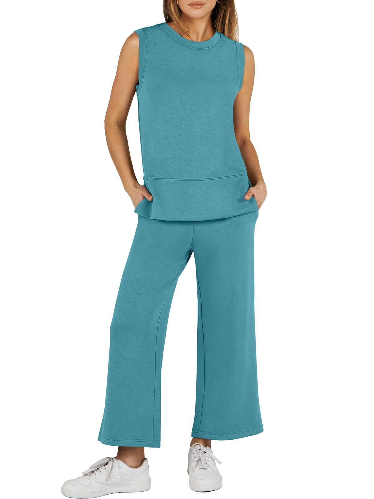 Sleeveless Slit Down Hem Wide Leg Casual Two Piece Set