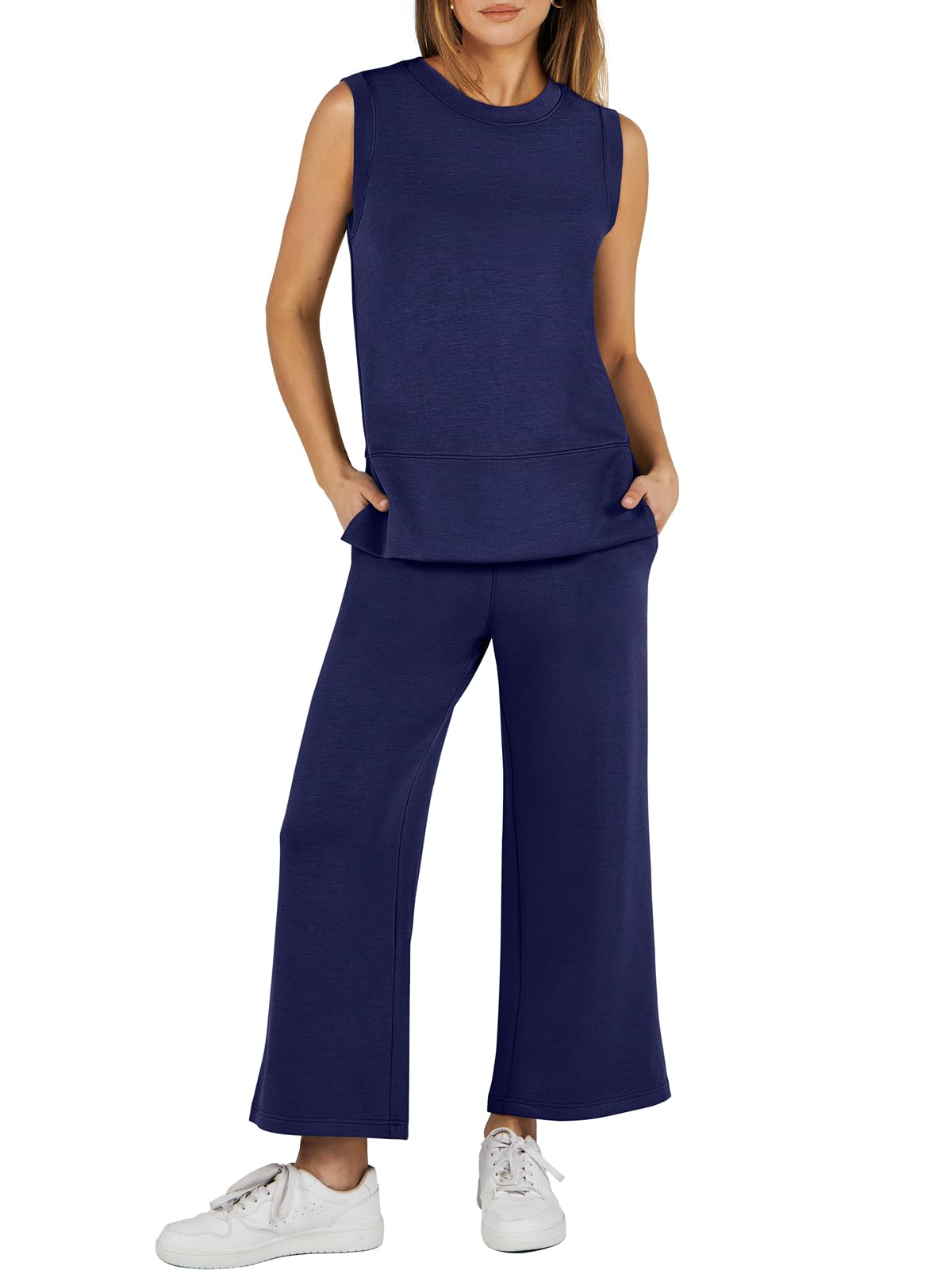 Sleeveless Slit Down Hem Wide Leg Casual Two Piece Set
