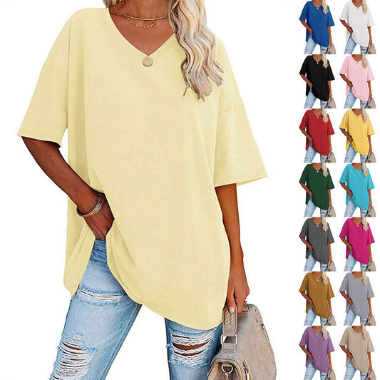 New🔥Women's Solid Colour Loose Short Sleeve V-Neck Top（Buy 2 Free Shipping）