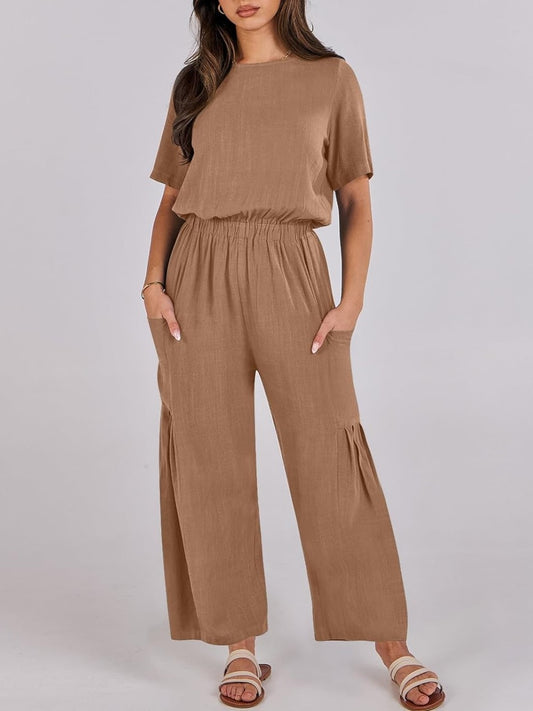 🔥Short Sleeve Wide Leg Pants Linen Romper With Pockets (Buy 2 Free Shipping)