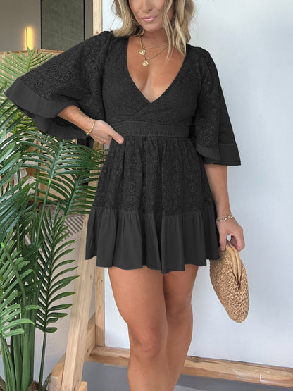 women's lace crochet romper dress with built-in shorts Women's Lace Crochet Romper Dress with Built-in Shorts pinklaura.shop