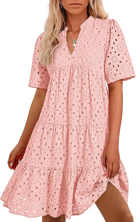Women's V Neck Short Sleeve Hollow Out Mini Vacation Dress (Buy 2 Free Shipping)