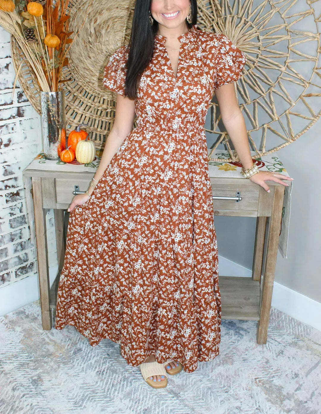 Sweet Floral Puff Sleeve Midi Dress(Buy 2 Free Shipping)