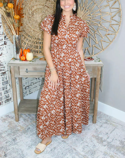 Sweet Floral Puff Sleeve Midi Dress(Buy 2 Free Shipping)